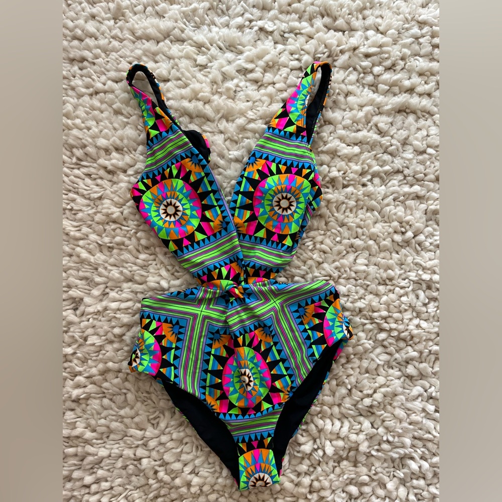 Mara Hoffman one piece deep plunge swimsuit in neon color pattern